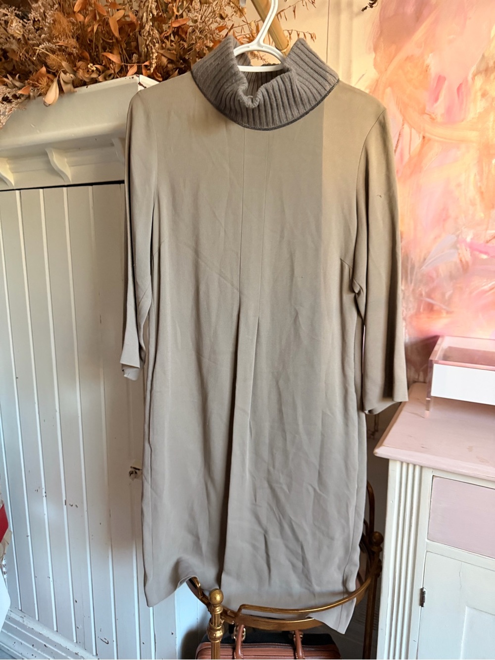 Fabiana Filippi Neutral Turtleneck Midi Dress with Ribbed Collar